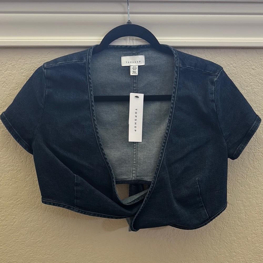 Topshop Indigo Cropped Denim Wrap Top